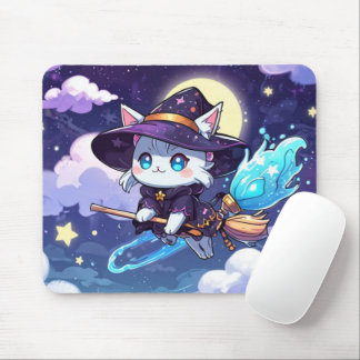 Alfombrilla De Ratón Gato Bruja Chibi Volando en Cielo Estrellado – Mag