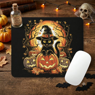 Alfombrilla De Ratón Gato brujo calabaza gato negro Halloween espeluzna