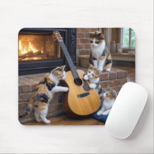 Alfombrilla De Ratón Gato Calico con Gatitos y Guitarra