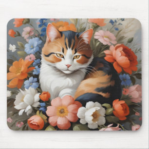 Alfombrilla De Ratón Gato calico lindo y flores