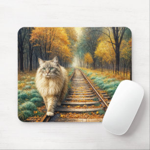 Alfombrilla De Ratón Gato caminando por una vía férrea