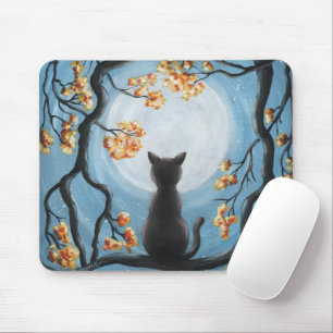 Alfombrilla De Ratón Gato caprichoso en el árbol azul luna lleno