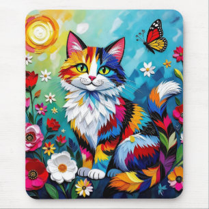 Alfombrilla De Ratón Gato Colorido y Mariposa