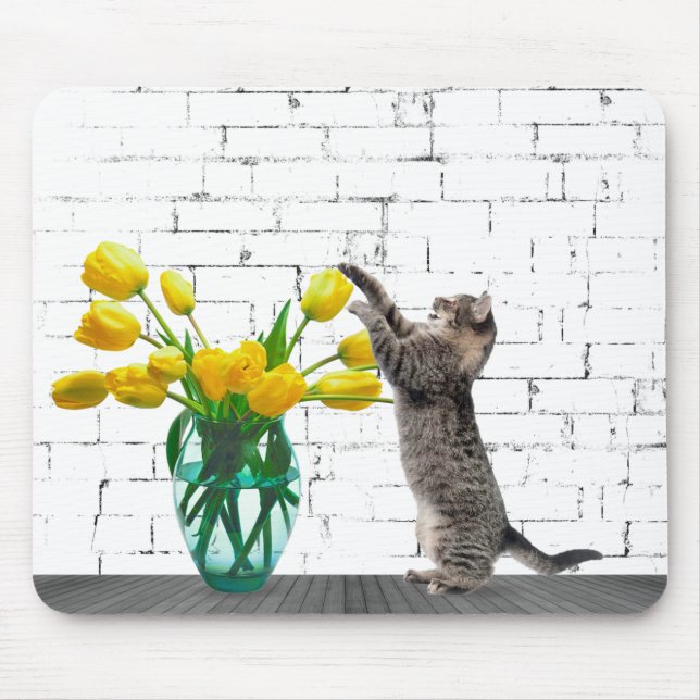 Alfombrilla De Ratón Gato con Mousepad de tulipanes amarillos (Frente)