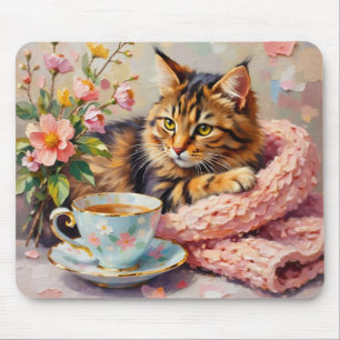 Alfombrilla De Ratón Gato con taza de té