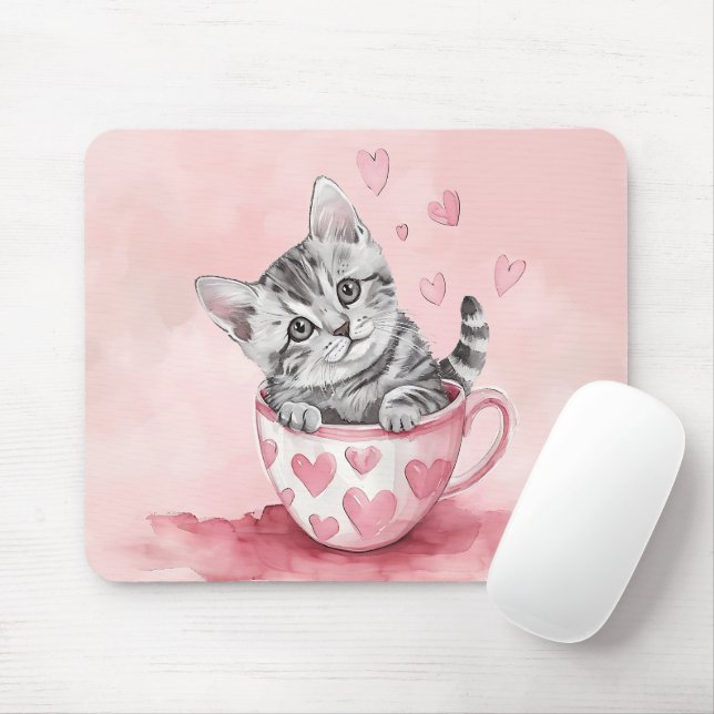 ALFOMBRILLA DE RATÓN GATO CUTÁNEO DE KITTEN EN TEACUP DÍA DE SAN VALENT (Con ratón)