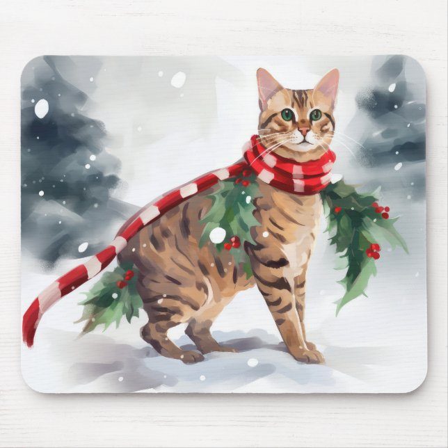 Alfombrilla De Ratón Gato de Bengala en Navidades de nieve (Frente)