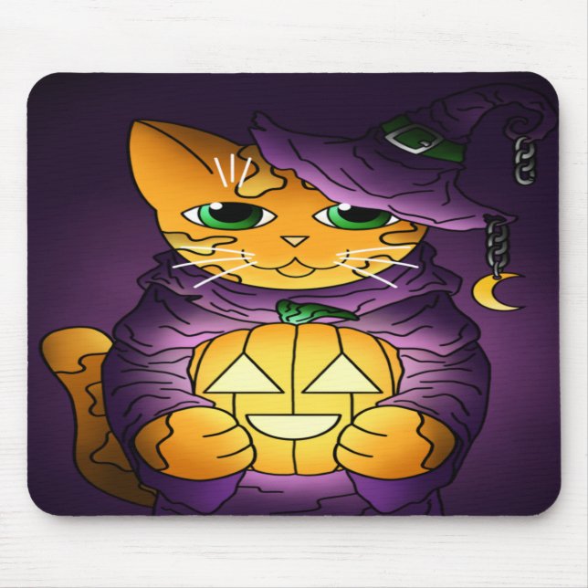 Alfombrilla De Ratón Gato de bruja morado de Halloween (Frente)