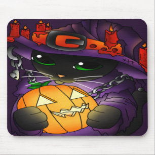Alfombrilla De Ratón Gato de bruja negra de la calabaza de Halloween