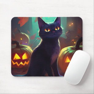 Alfombrilla De Ratón Gato de esmoquin de Halloween con calabazas aterra