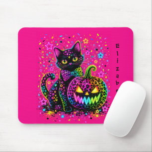 Alfombrilla De Ratón Gato de Halloween de Leopardo Neon y Fiesta de Cal
