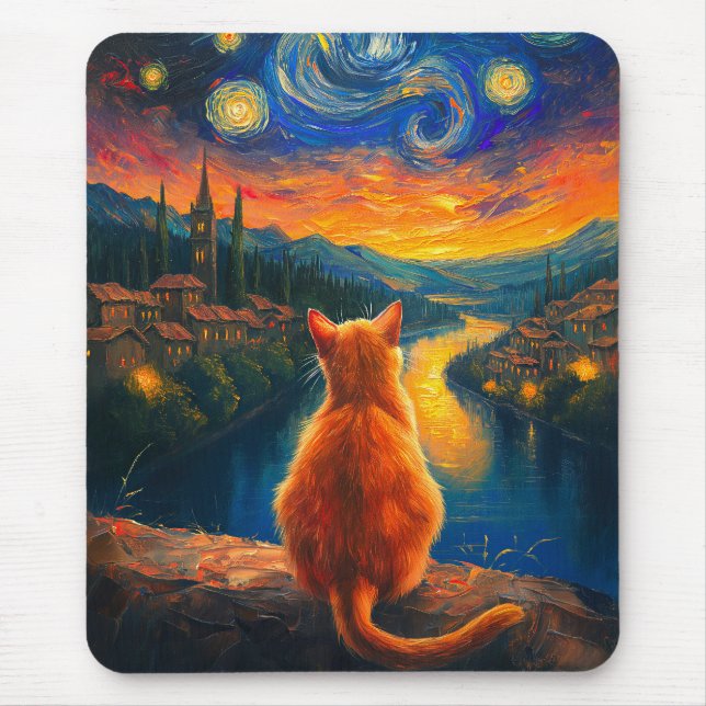 Alfombrilla De Ratón Gato de jengibre contemplante | Starnight Sky Art (Frente)