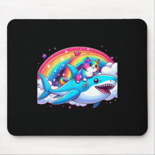 Alfombrilla De Ratón Gato de la Galaxia Arcoiris montando tiburón en el