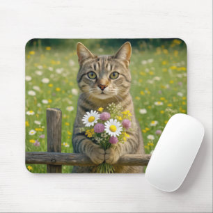 Alfombrilla De Ratón Gato de Tabby Con Bouquet De Flor Silvestre
