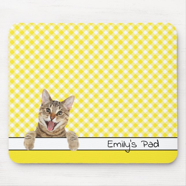 Alfombrilla De Ratón Gato de Tabby en Gingham Amarillo  (Frente)