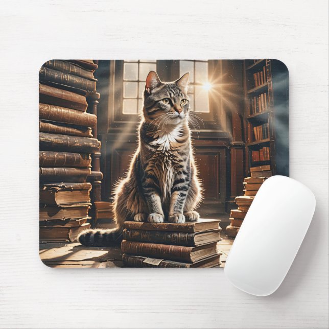 Alfombrilla De Ratón Gato De Tabby En Libros De Bibliotecas Antiguas (Con ratón)