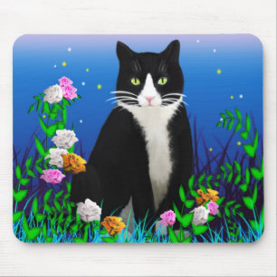 Alfombrilla De Ratón Gato de Tuxedo con flores Mousepad