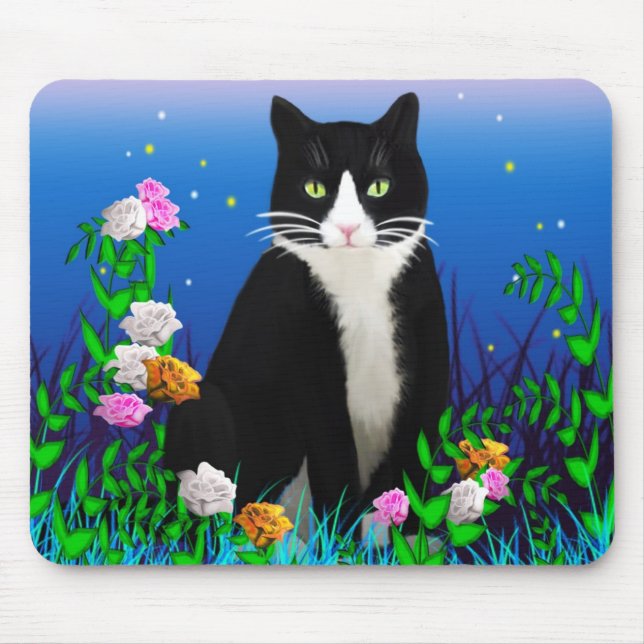 Alfombrilla De Ratón Gato de Tuxedo con flores Mousepad (Frente)