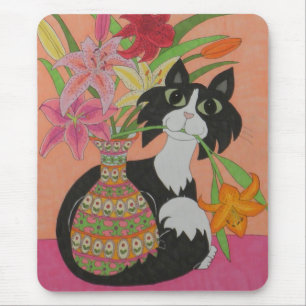 Alfombrilla De Ratón Gato de Tuxedo con lirios