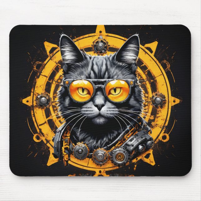Alfombrilla De Ratón Gato de vapor negro con gafas de naranja (Frente)