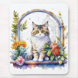 Alfombrilla De Ratón Gato dulce y caprichoso en la ventana de las flore