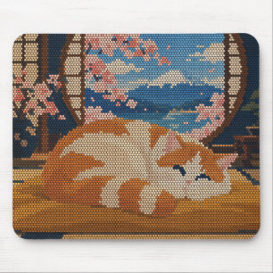 Alfombrilla De Ratón Gato Durmiendo Monte Fuji Flor de Cerezo Arte de P