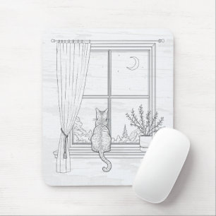 Alfombrilla De Ratón Gato en la ventana arte de línea minimalista