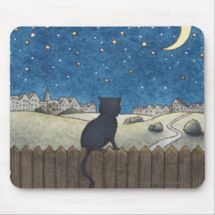 Alfombrilla De Ratón Gato en una cerca que mira el cielo nocturno sobre