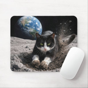 Alfombrilla De Ratón Gato Esmoquin Excavando un Cráter Lunar