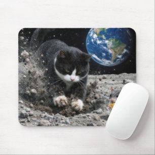 Alfombrilla De Ratón Gato esmoquin excavando un cráter lunar con ratón