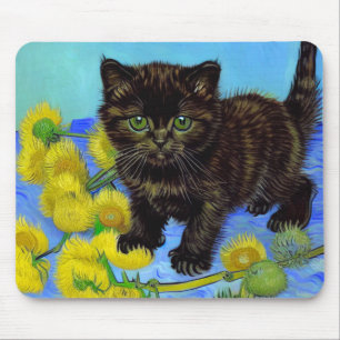 Alfombrilla De Ratón Gato estilo Van Gogh con girasoles