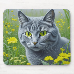 Alfombrilla De Ratón Gato Gris Lindo con Ojos Amarillos Arte de IA