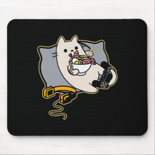 Alfombrilla De Ratón Gato Jugador Comiendo Ramen Friki Juego Pausado