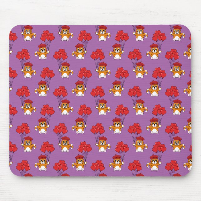 Alfombrilla De Ratón Gato lindo con globos de corazón rojo (Frente)