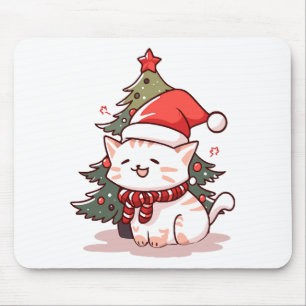 Alfombrilla De Ratón Gato lindo con sombrero de Santa cerca del árbol d