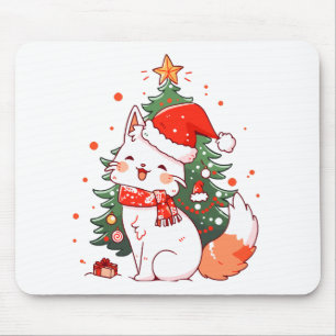 Alfombrilla De Ratón Gato lindo con sombrero de Santa cerca del árbol d