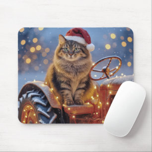 Alfombrilla De Ratón Gato Maine Coon de Navidad en un Tractor Viejo