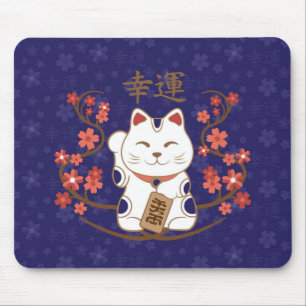 Alfombrilla De Ratón Gato Maneki-neko con buena suerte kanji