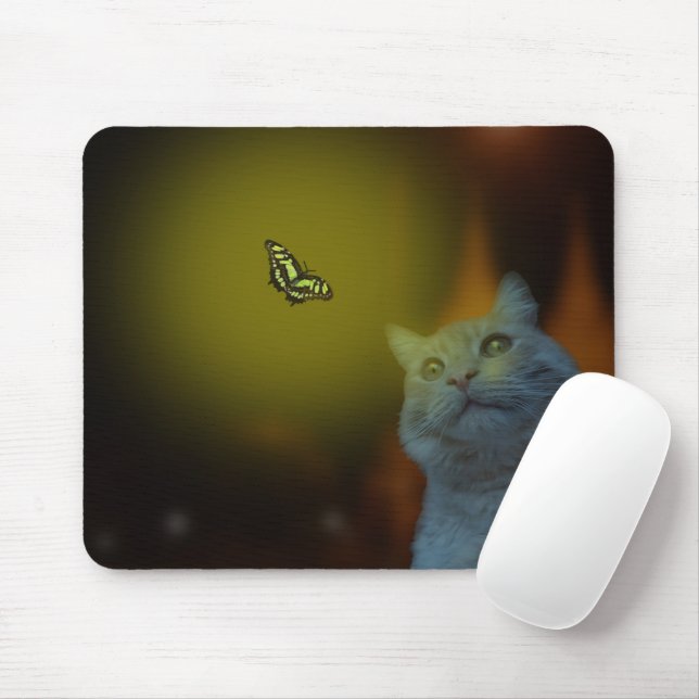 Alfombrilla De Ratón Gato Mesmerizado Por Mariposa, Mousepad (Con ratón)