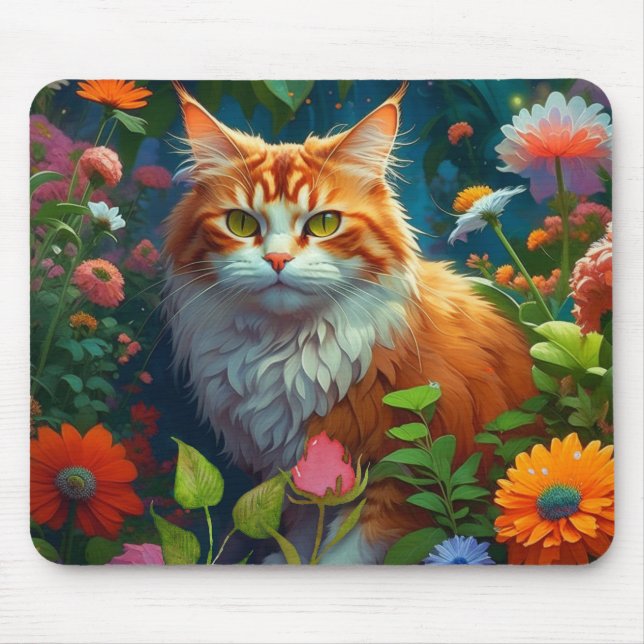 Alfombrilla De Ratón Gato Naranja lindo en las flores (Frente)