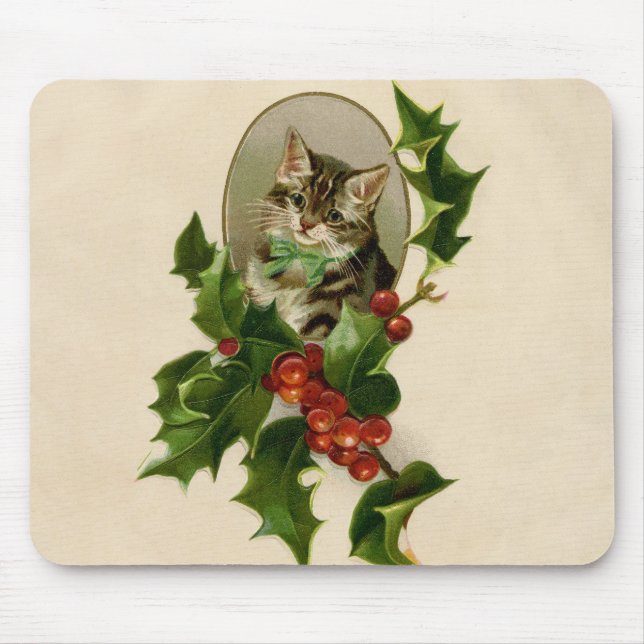 Alfombrilla De Ratón Gato Navidades Merry Holly Kitten Arte Antiguo (Frente)