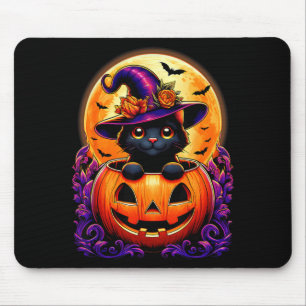 Alfombrilla De Ratón Gato Negro Bruja Sombrero Calabaza Divertido Hallo