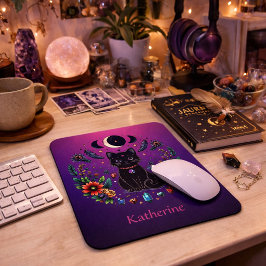 Alfombrilla De Ratón Gato Negro Celestial Místico Rosa Púrpura