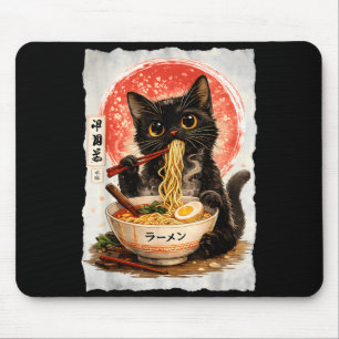 Alfombrilla De Ratón Gato negro comiendo ramen anime kawaii lindo