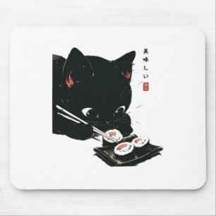Alfombrilla De Ratón Gato negro comiendo sushi - arte japonés gato