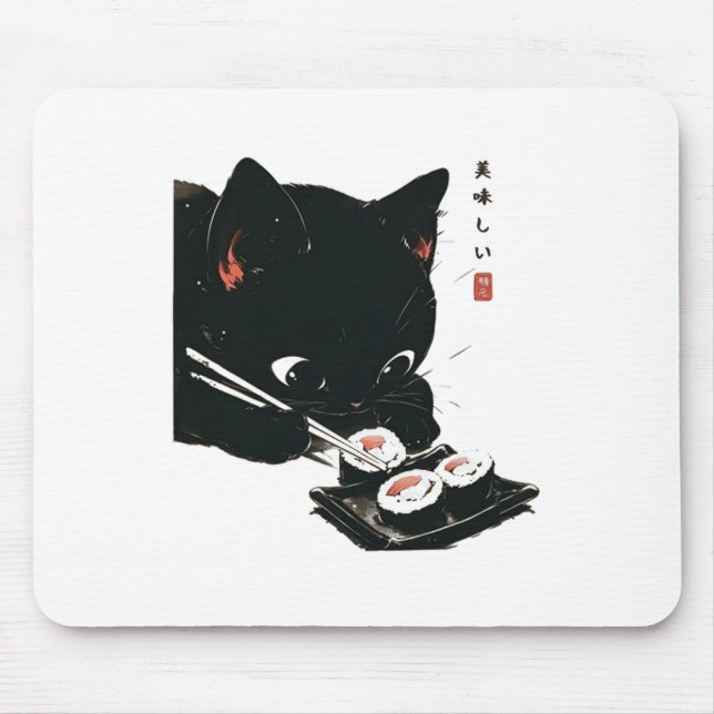 Alfombrilla De Ratón Gato negro comiendo sushi - arte japonés gato (Frente)