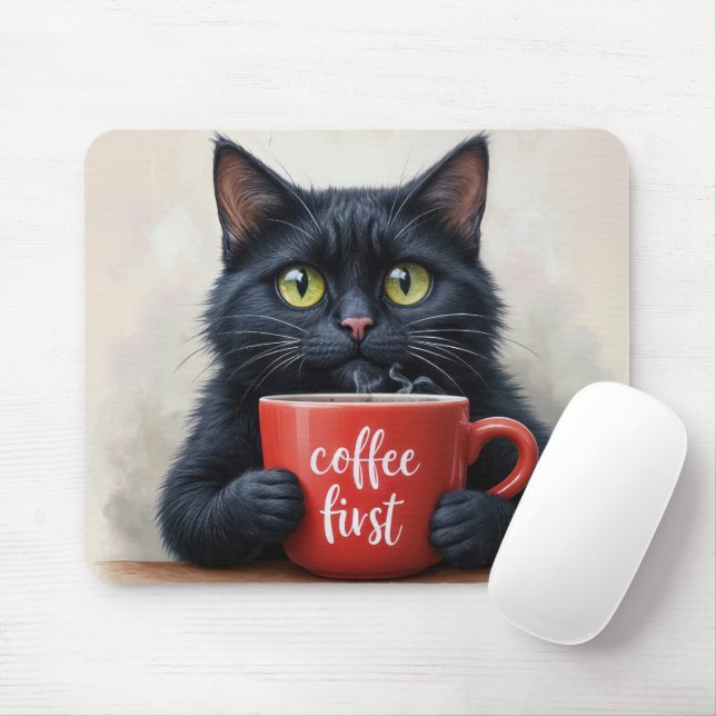 Alfombrilla De Ratón Gato negro con café divertido (Con ratón)