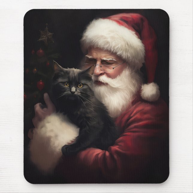 Alfombrilla De Ratón Gato negro con Navidades festivos de Santa Claus (Frente)