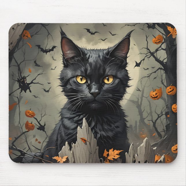 Alfombrilla De Ratón Gato negro de Halloween (Frente)