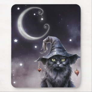 Alfombrilla De Ratón Gato negro de Halloween vistiendo a un Gorra de br